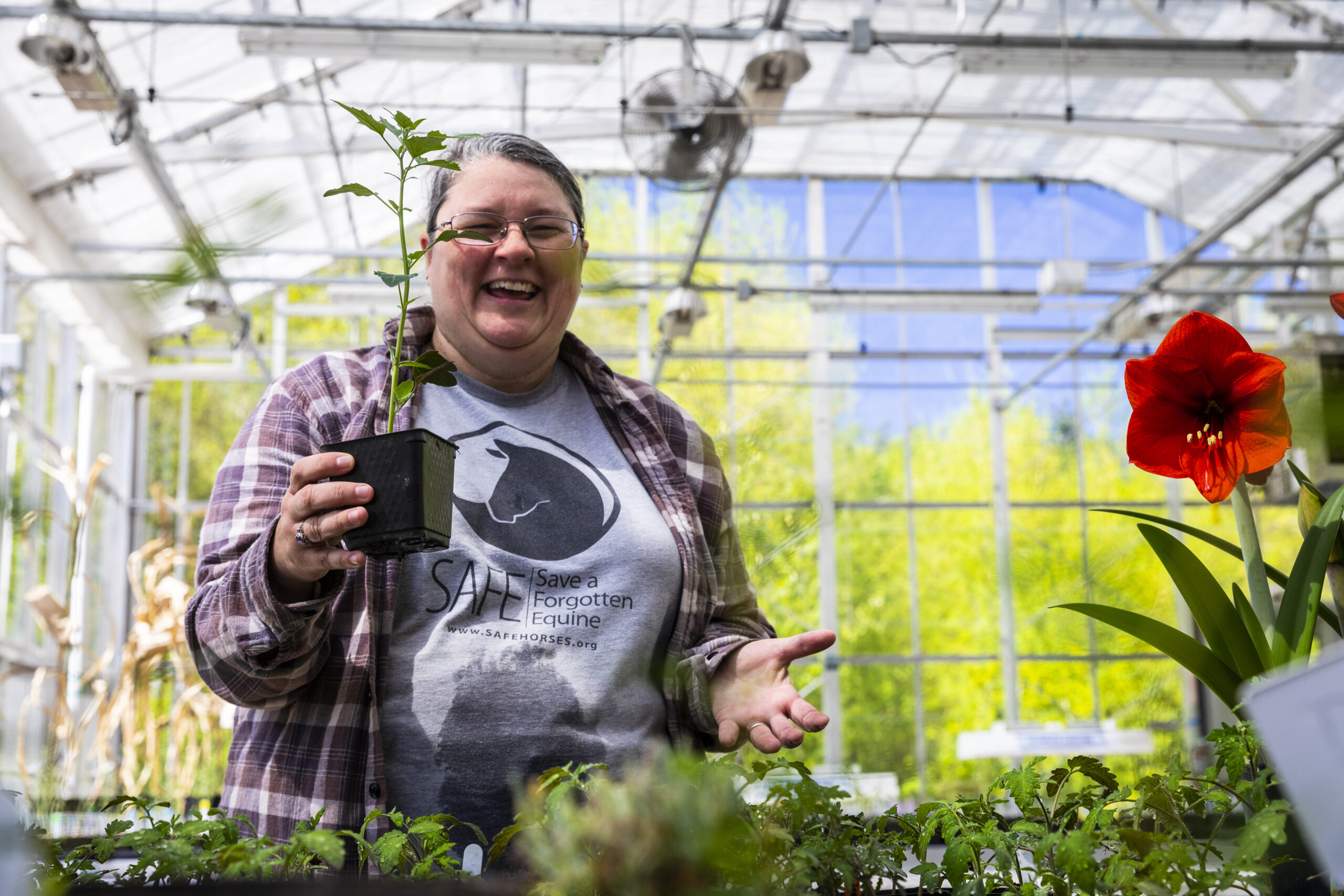 woman with glasses and flannel shirt holding a seedling plant in a greenhouse while smiling at the camera